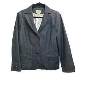 LL Bean Denim Jean Blazer Jacket Women's Size 14P Petite Pockets 3 Button Front